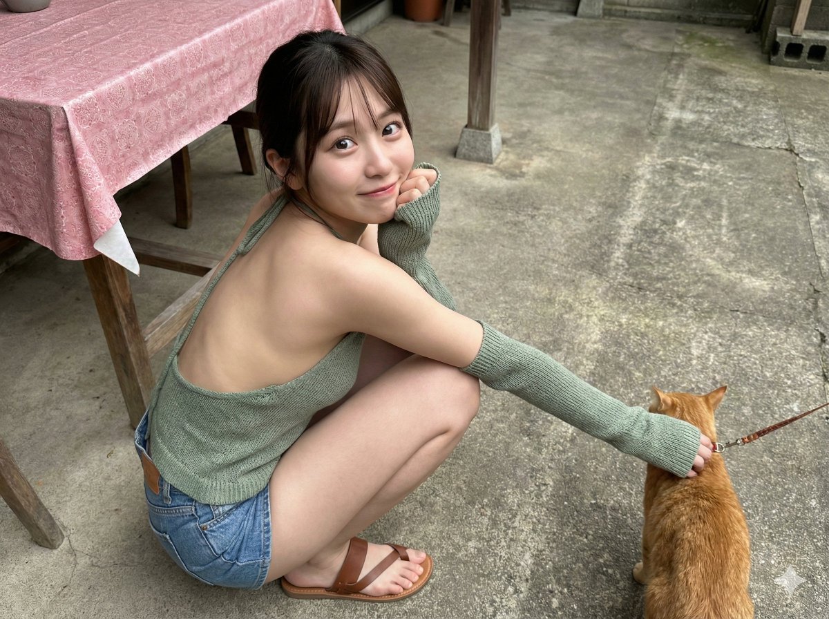 An ultra-realistic, high-angle candid snapshot of a young Asian woman squatting on a concrete courtyard floor, looking back at the camera with a shy smile while interacting with a ginger-yellow cat beside a pink tablecloth-covered wooden table.