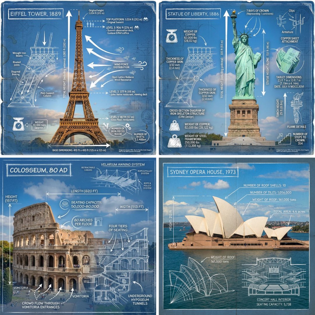 Create an educational infographic that overlays blueprint-like technical annotations and diagrams in white linework on a real photograph of a landmark, keeping the environment visible behind the data.