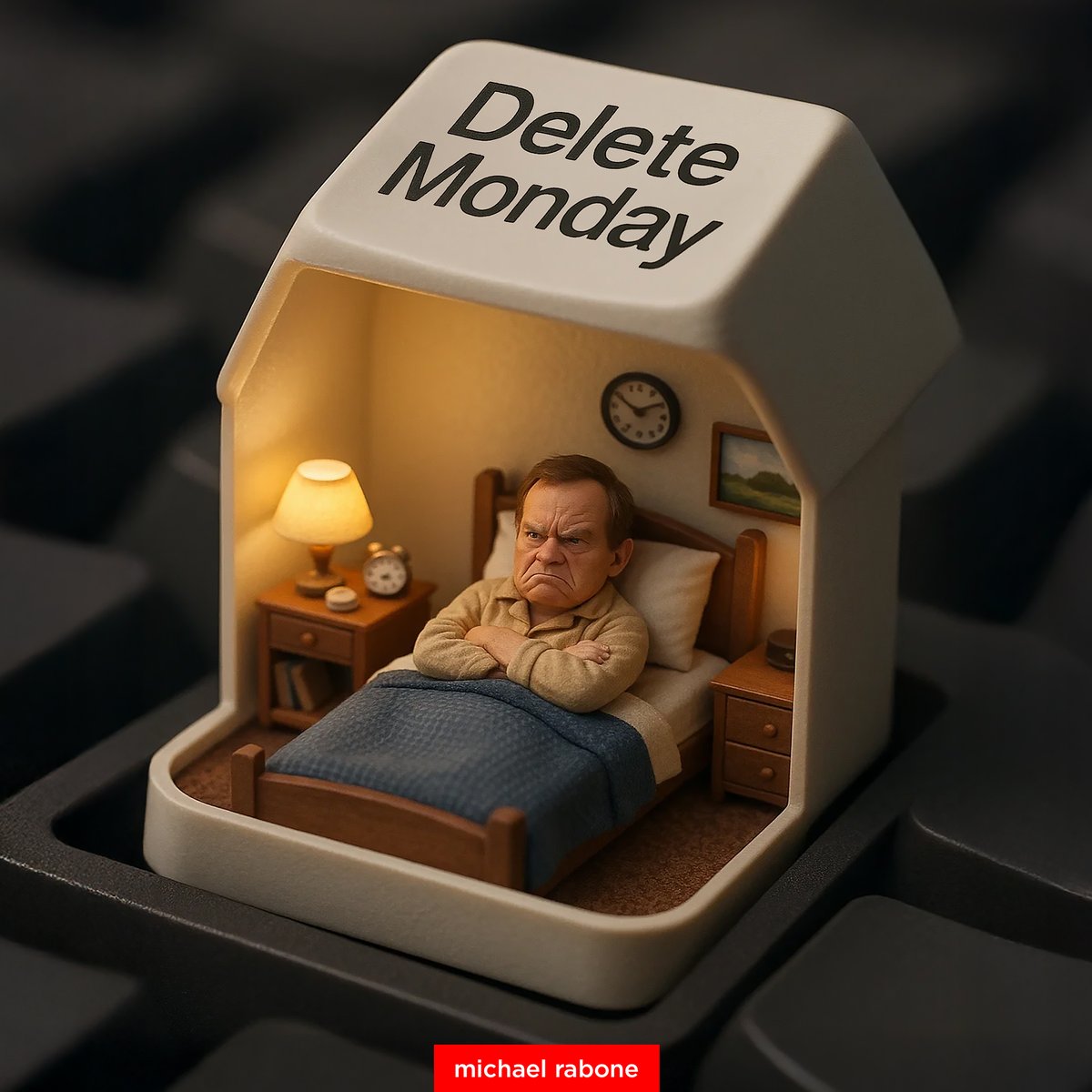 A detailed photographic scene of a miniature person lying in bed, cranky beneath an opened “Delete Monday” keyboard keycap transformed into a tiny bedroom.