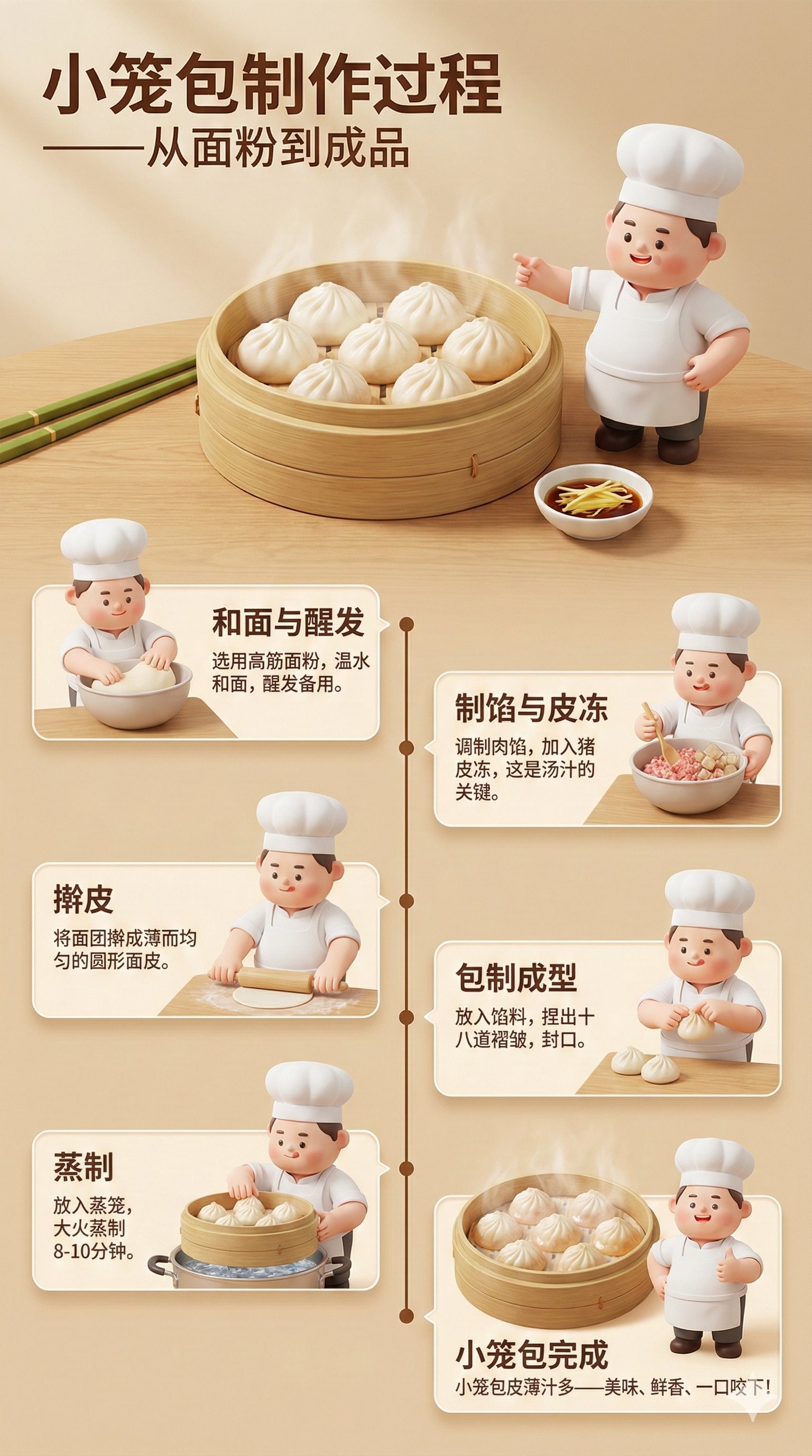 Create a high-detail 3D infographic poster in Chinese that teaches the step-by-step process of making traditional xiaolongbao, guided by the cute 3D chef character Koki Cubby. Clean panels, timeline connectors, and soft lighting make it educational for both kids and adults.
