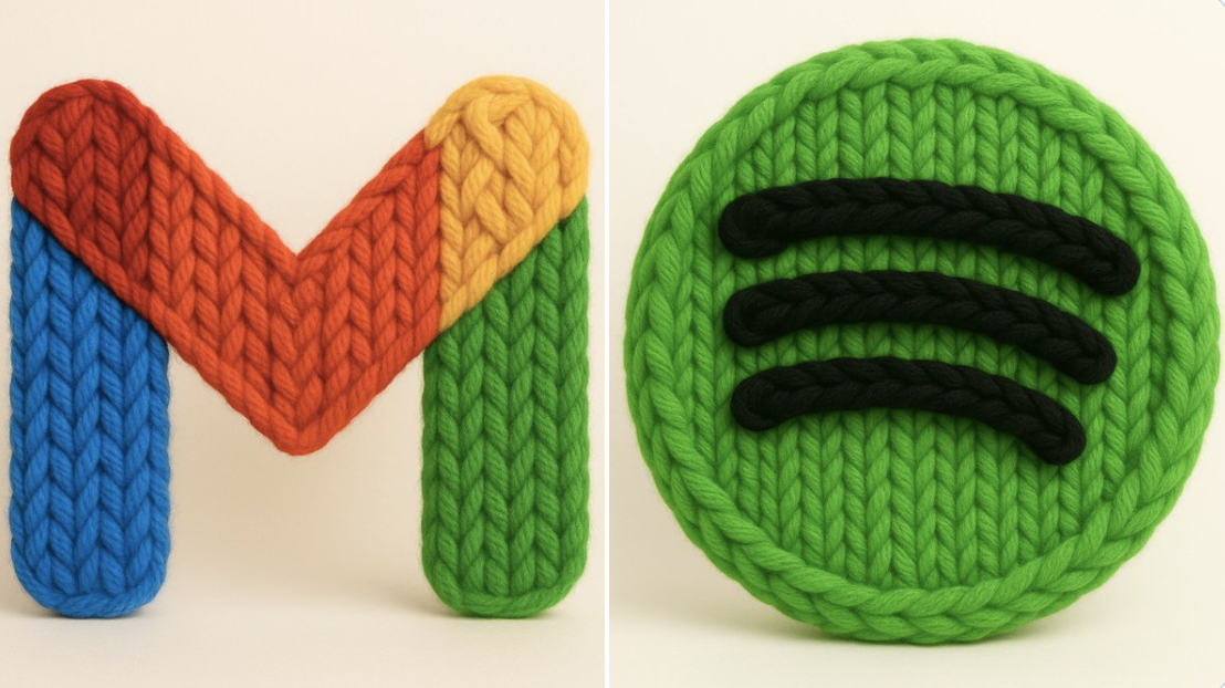 Create a photorealistic 3D render of a centered logo crafted from thick, hand-knitted yarn with visible loops, twists, and braids. Emphasize soft studio lighting, bright saturated colors, and a clean white or cream background for a warm, artisanal look.