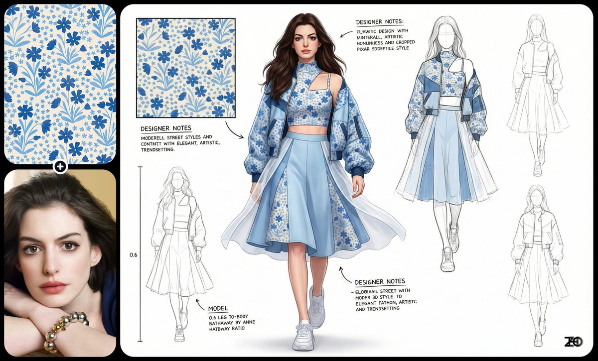 A clean, high-resolution Pixar-style 3D fashion concept board featuring a tall, slim runway model in a modern streetwear look, with pattern callouts, pencil sketches, and handwritten designer notes on a white canvas.