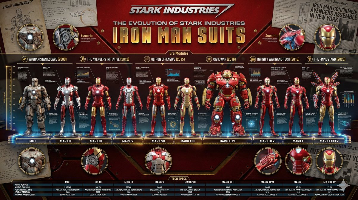 A massive, encyclopedic 16:9 hyper-real 3D infographic poster mapping the chronological evolution of 10 Iron Man armors, presented with museum-grade product photography fused with technical engineering blueprints and data-dense annotations.