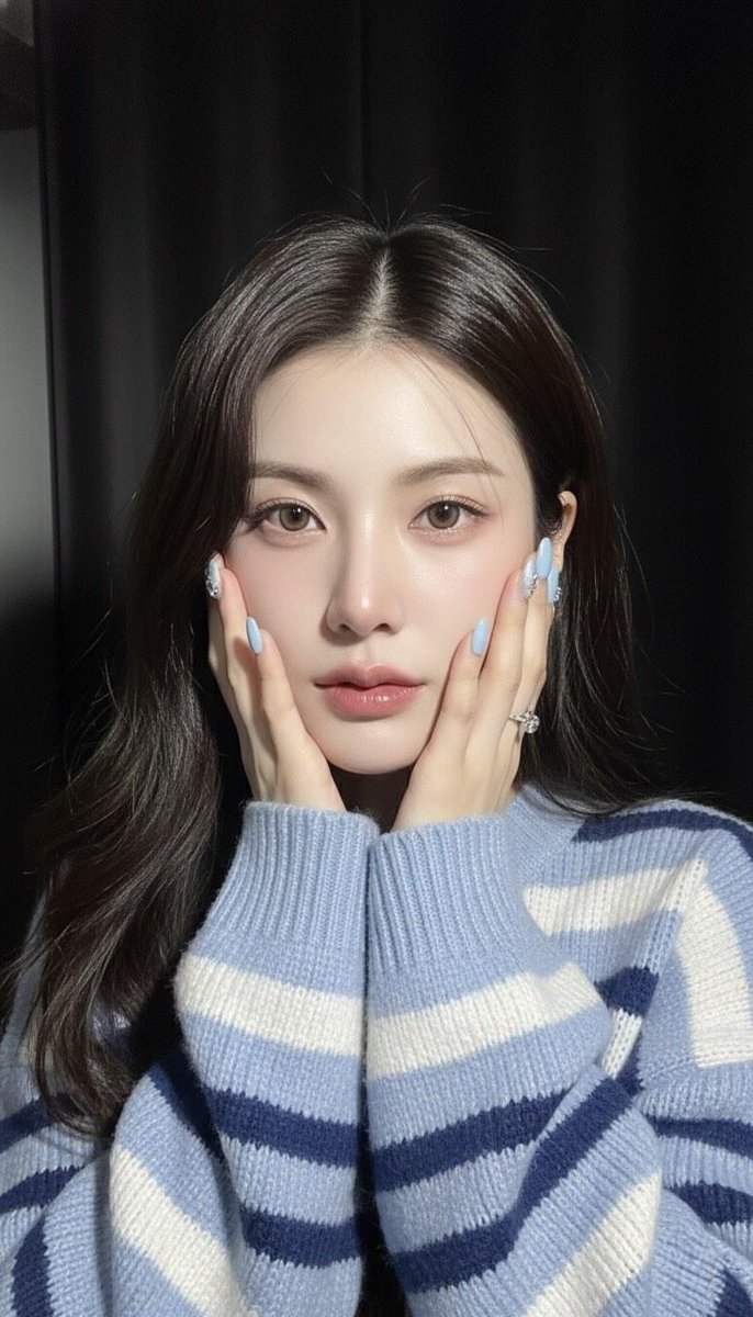 Create an ultra-realistic close-up, high-angle selfie of a young woman in a dim room with a powerful flash, producing sharp light–shadow contrast against a dark minimalist background. Features cool-toned, cozy modern styling with Korean makeup and a blue striped knit sweater.