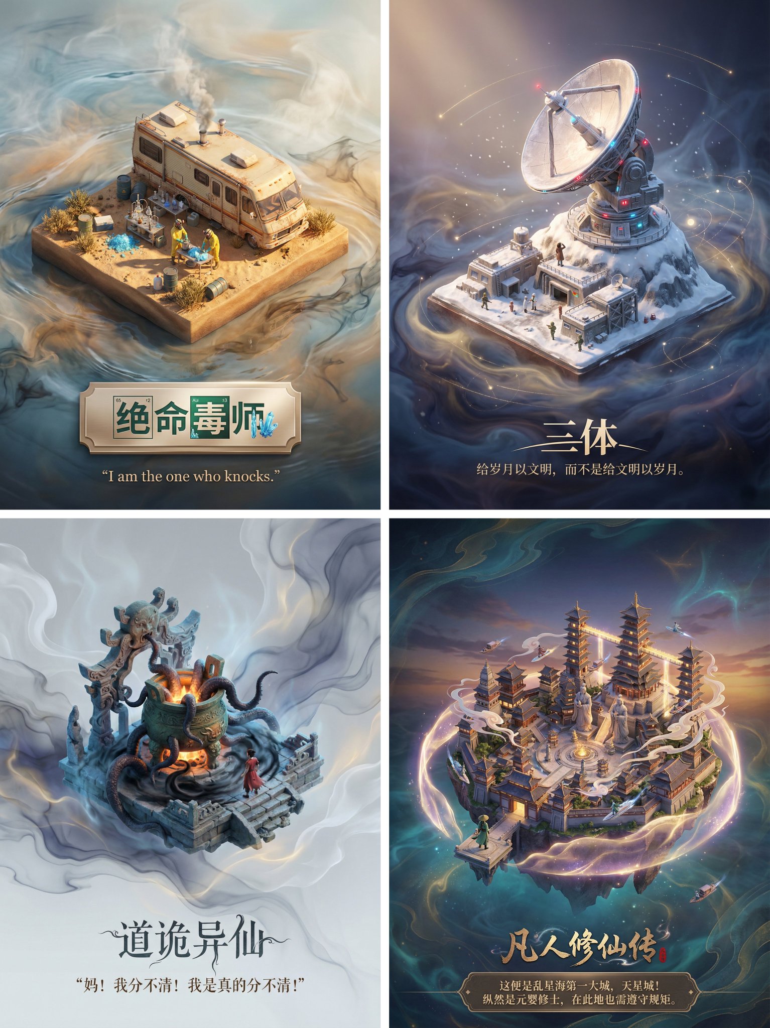 Design a high-quality 3D poster centered on an iconic scene or core location from a specified film/TV series or novel, rendered in a soft DreamWorks-like style. Includes elegant Chinese typography with the title and a classic quote arranged like a museum placard.