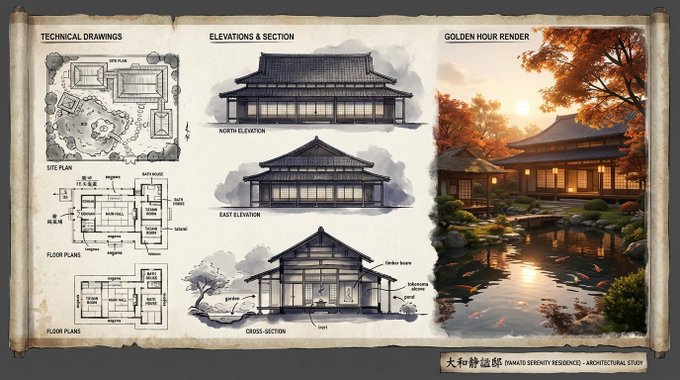 Create a cohesive architectural presentation board for a residence, combining black-and-white technical drawings with a photorealistic 3D render in a left-to-right layout. Customize the style, key elements, linework, materials, tones, palette, lighting, and project name.