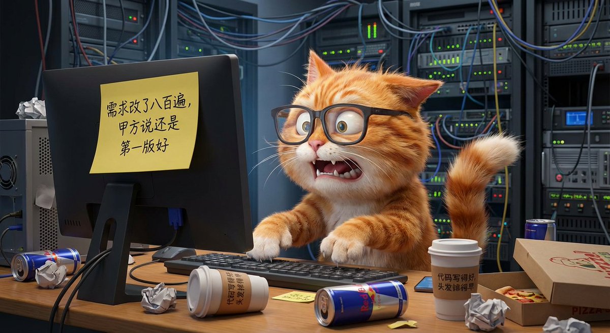 A 3D Pixar-style render of an orange cat in thick glasses frantically coding at a computer, complete with sarcastic sticky-note and coffee-cup jokes. Set in a chaotic server room for a relatable, creative tech-humor scene.