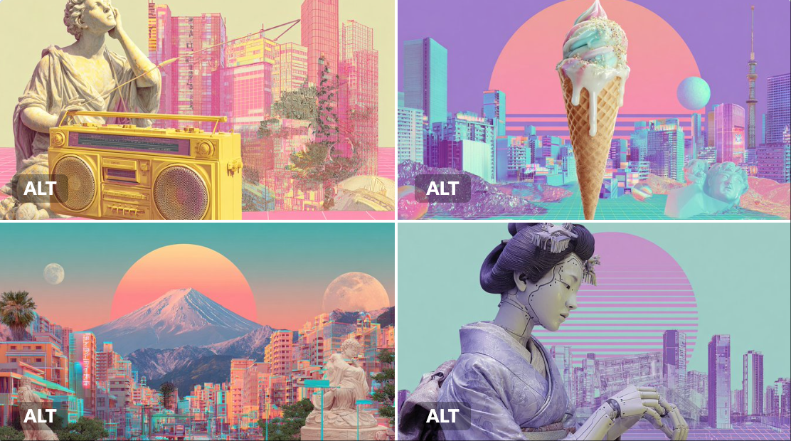 Create a surrealist vaporwave collage featuring classical sculpture forms, 80s retrofuturism, and Japanese cityscapes in pastel {{COLOR1}} and {{COLOR2}} with subtle neon accents.