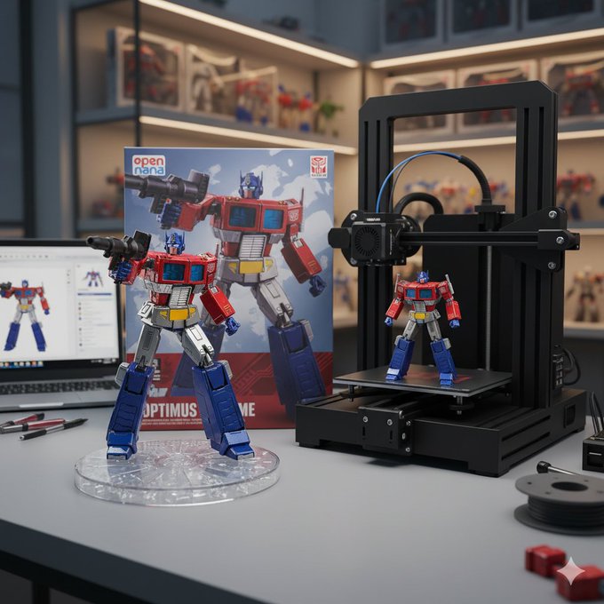 Turn the provided image into a collectible-grade figurine scene set indoors, featuring a branded packaging box labeled “open nana,” a high-end 3D printer actively printing the figurine, and a crystal-clear translucent PVC base for display.