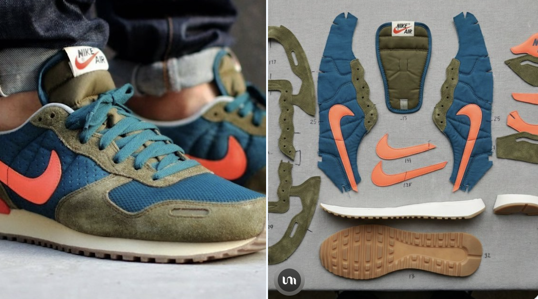 Create an image that separates the different patterns that make up a shoe and lays each one out individually on a neutral surface.