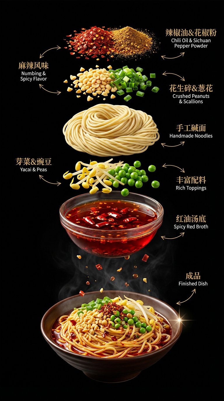 Luxurious, ultra-realistic studio food poster of Dan Dan Noodles with seven floating, labeled layers—spices, toppings, noodles, vegetables, red broth, an intentional empty transition space, and the finished bowl—on a pure black background.