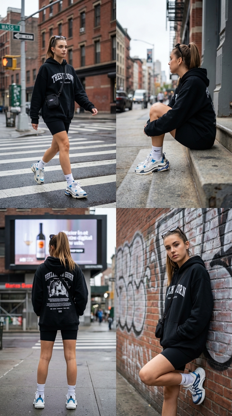 A cohesive 2x2 grid digital street photography collage featuring the same young woman in hypebeast streetwear across four urban poses and angles, shot under soft overcast light. Includes optional outfit swap and customizable brand/product placement on the hoodie chest or sneakers.