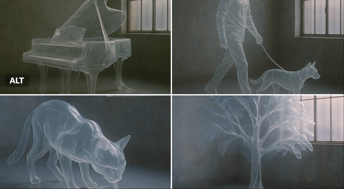 Hyper-realistic minimalist interior photograph of a fully recognizable {{SUBJECT}} formed from semi-rigid transparent material that drapes like sheer plastic or molten glass, set in a moody concrete industrial space with diffused daylight.