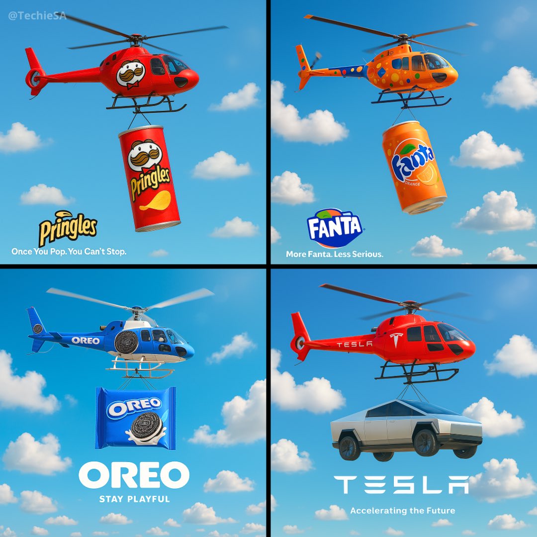 Generate a hyper-realistic 1080x1080 square advertisement showing a small helicopter in a bright blue sky, painted in the brand’s signature livery and carrying an oversized product below, with the brand logo and slogan at the bottom.
