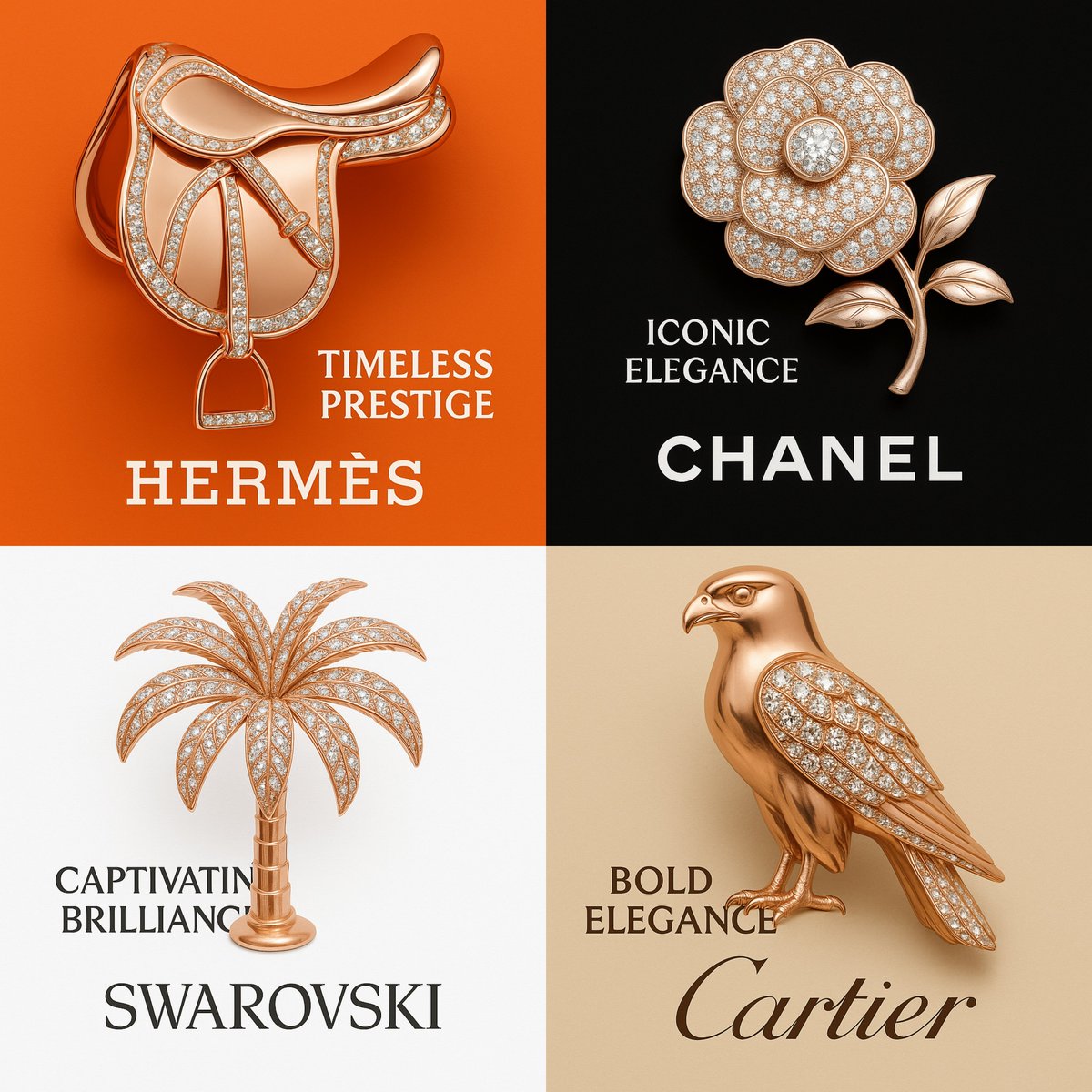 Create an editorial 1:1 luxury image of a rose gold brand-identity sculpture with embedded premium crystal textures, set on the brand’s iconic background color with the official logo beneath and a bold two-word slogan.