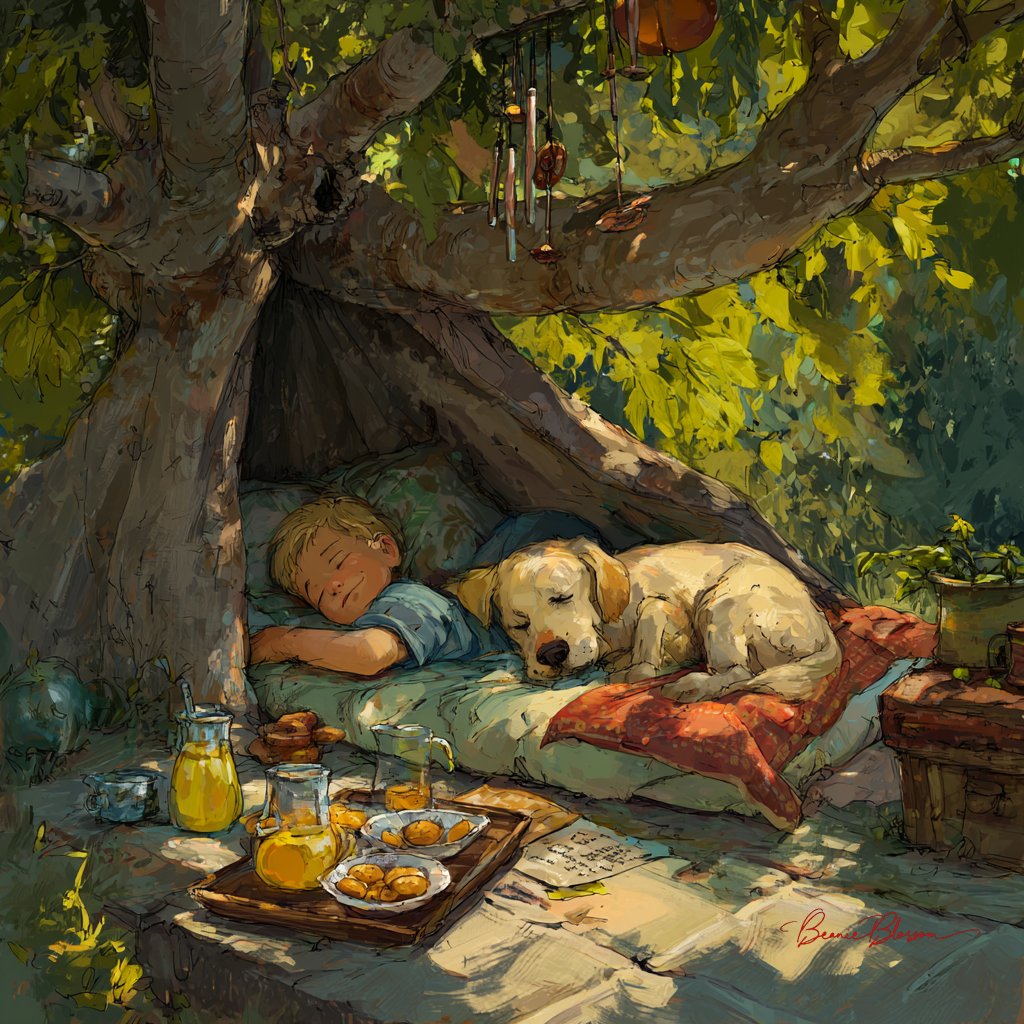 A backyard pillow fort under a big old tree, with sunlight filtering through the leaves as a young boy and his golden retriever nap beside lemonade and cookies. Gentle wind chimes and warm afternoon light create a playful, nostalgic children’s book illustration mood.
