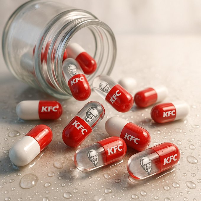 A hyper-realistic 1080x1080 poster-style image of glossy glass capsules spilling from a transparent medicine bottle onto a wet surface, featuring strong studio reflections, water droplets, and DSLR photo realism. Each capsule includes {{WHITE}}/{{RED}} plastic with a transparent glass body, a {{KFC}} logo, and a floating 3D icon inside.