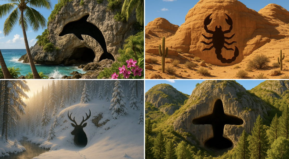 Create a rugged mountain landscape where the cave entrance forms a clear, unmistakable {{SHAPE}} outline that stands out through lighting and simplicity. Surrounding {{DETAILS}} should support the scene without distracting from the {{SHAPE}}-shaped entrance.