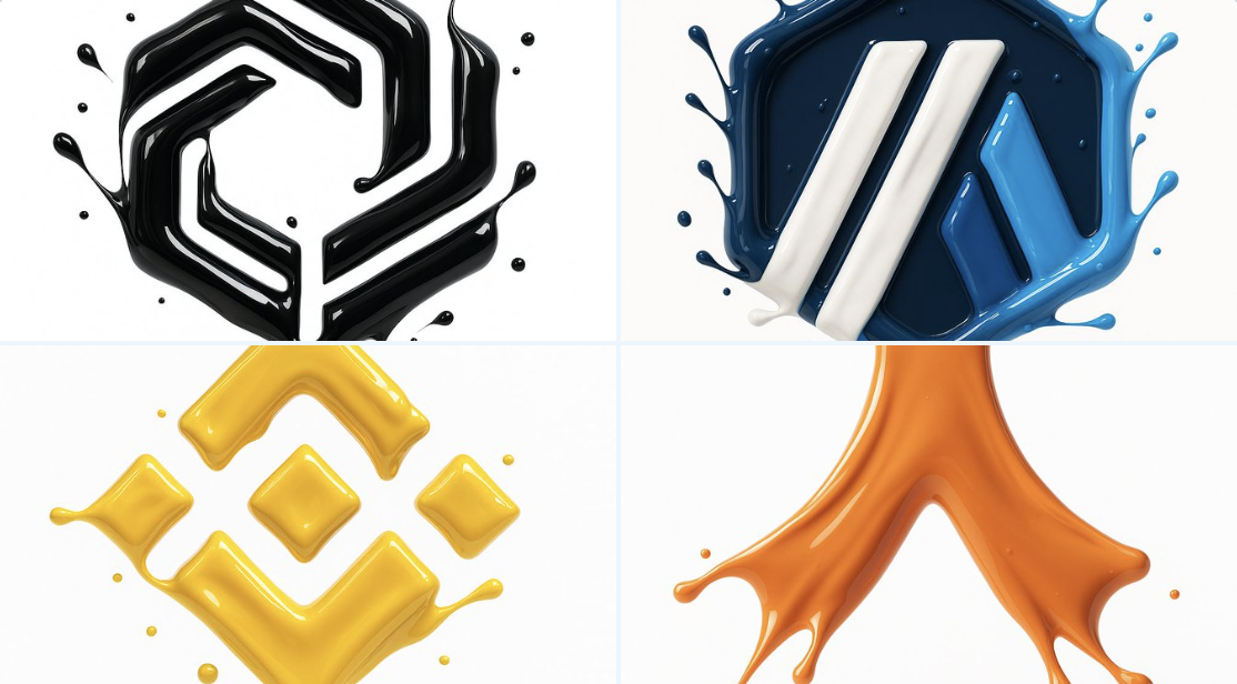Create a hyper-realistic 3D render of an uploaded logo made from glossy liquid paint splashes, using the exact reference palette. The high-gloss fluid splashes catch bright highlights as the logo floats on a pure white background.