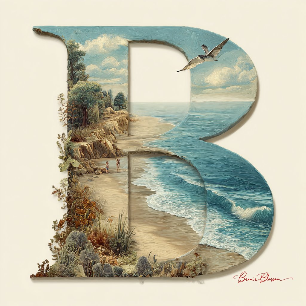 A beautiful, elegant letter B decorated with a stunning beachscape landscape.
