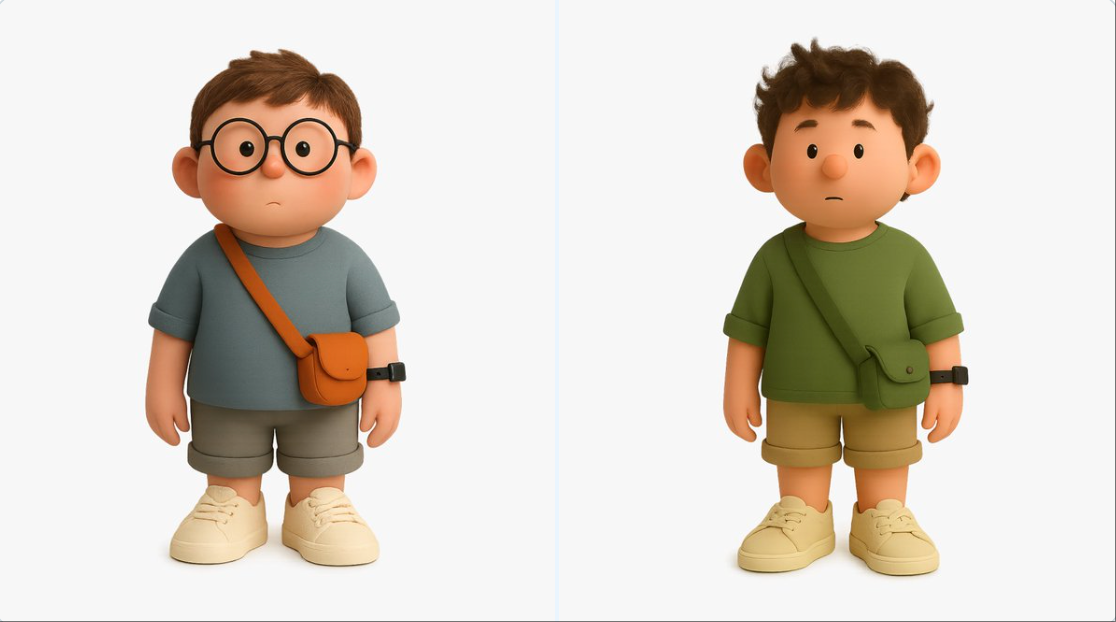 Generate a full-body, front-facing (or light 3/4) 3D-rendered cartoon boy character with plush matte textures, soft earth-tone palette, and polished product-render lighting on a transparent background.