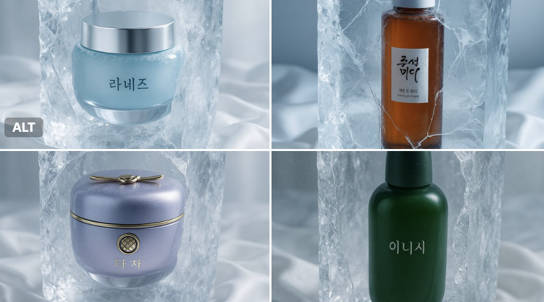 Create a cold, elegant product poster featuring a fully visible item with Korean label text suspended inside a cracked, ultra-clear ice block on smooth white silk, lit like a premium Korean skincare ad.