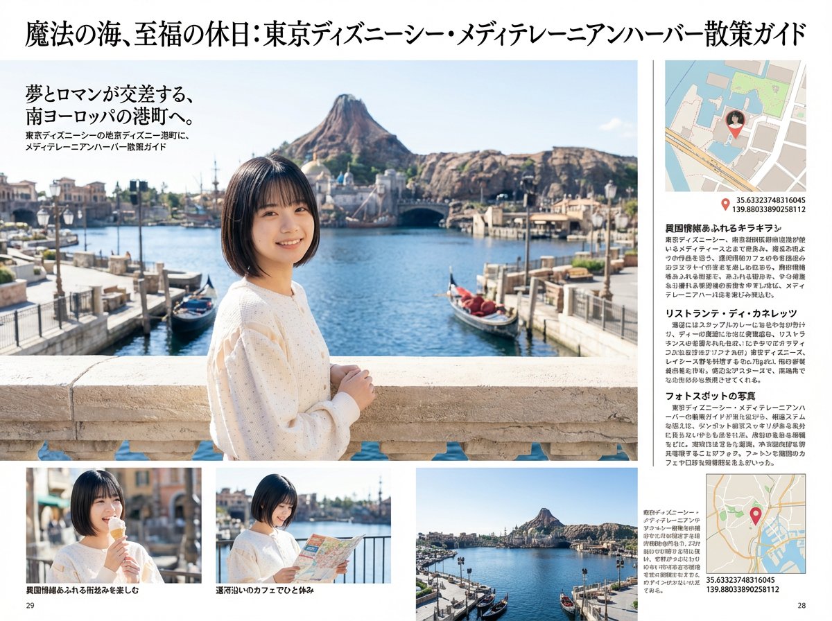 Create a photo book-like, beautifully designed magazine feature page showing the specified character sightseeing at the given coordinates in Japan. The page should maximize a 9:16 layout and include as much relevant information as possible for a high-impact reading experience.