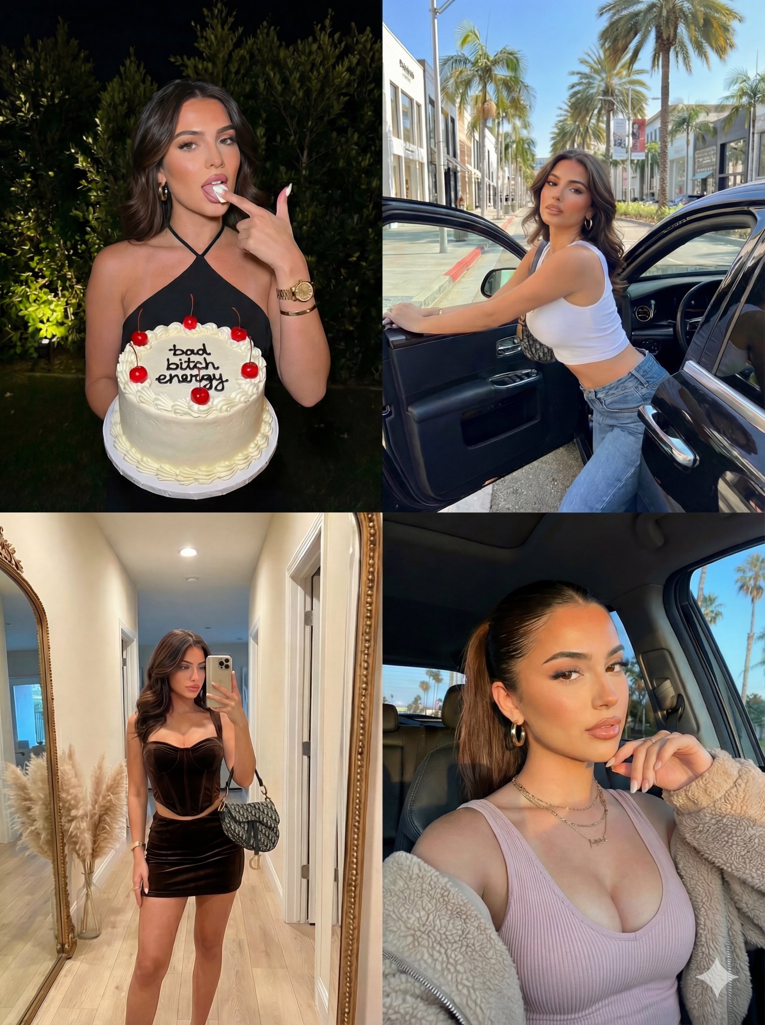 A 2x2 grid collage featuring four distinct photographs of the same glamorous female influencer across nightlife, upscale street, indoor hallway mirror selfie, and golden-hour car selfie moments. Includes detailed outfits, jewelry, props, and lighting for each panel.