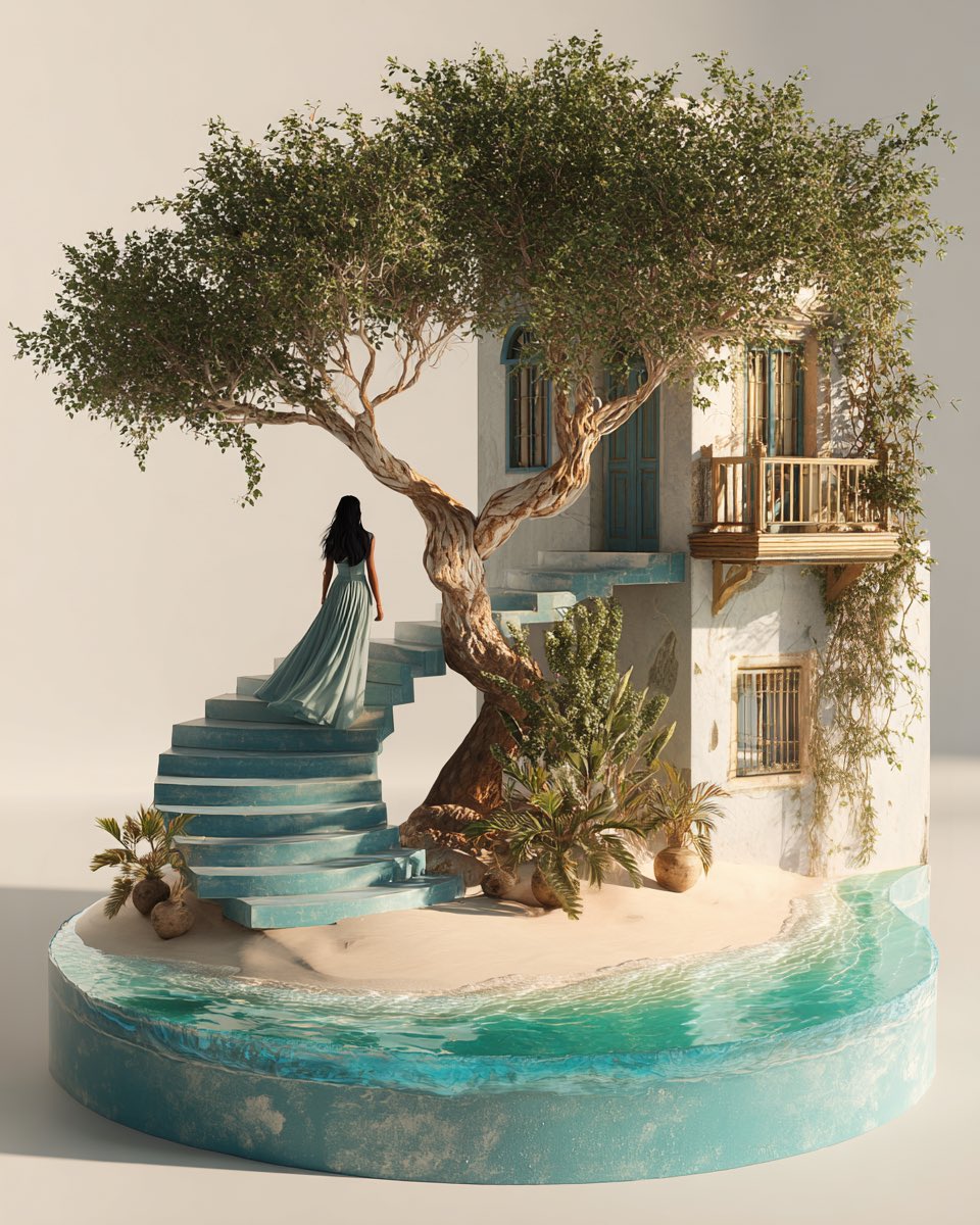 A hyperrealistic 3D model-scenery featuring a long-haired woman in a flowing maxi dress ascending a curved staircase toward an arched doorway framing a tiny glowing moon. Set on a round moss base with bioluminescent mushrooms, lush climbing vines, and ethereal lighting against a dark plain background.