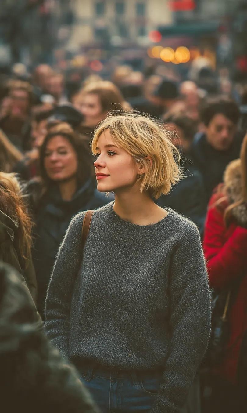 Create a documentary-style, ultra-realistic 8K candid street portrait of a thoughtful woman, isolated with shallow depth of field amid a dense flow of pedestrians.