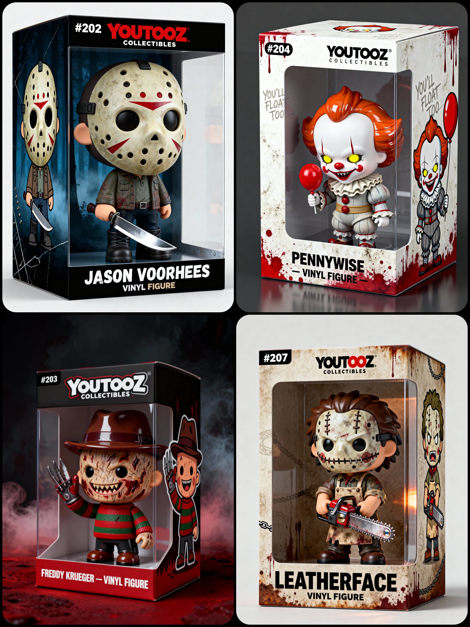 Create a 3D chibi-style vinyl collectible figure in a Youtooz-style box with a transparent window, clear branding and labels, and a fully visible 3/4 product photography composition. Face details must be fully 3D sculpted with clean studio lighting and subtle shadows, featuring customizable character, box theme, pose, outfit, and side illustration.