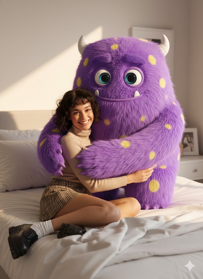 Create an image of you sitting on a bed in a house next to a giant fluffy cute 3D cartoon monster that is hugging you. You appear real and realistic, while the monster has big expressive eyes and a charming cartoon style.