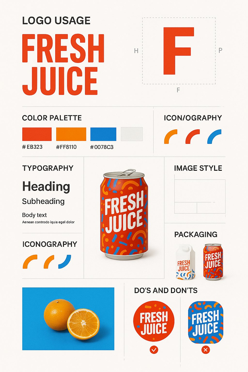 Create a visually rich vertical brand design guide poster based on an uploaded product image, with clean minimalist layout sections for logo usage, colors, typography, grid rules, mockups, and do’s & don’ts.