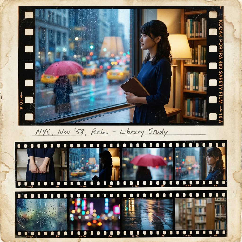Create a highly realistic vintage film contact sheet that reconstructs the user’s subject into Saul Leiter’s poetic, lonely color aesthetic, with one sharp cinematic hero portrait and eight supporting frames of details and abstract rainy-city atmosphere.