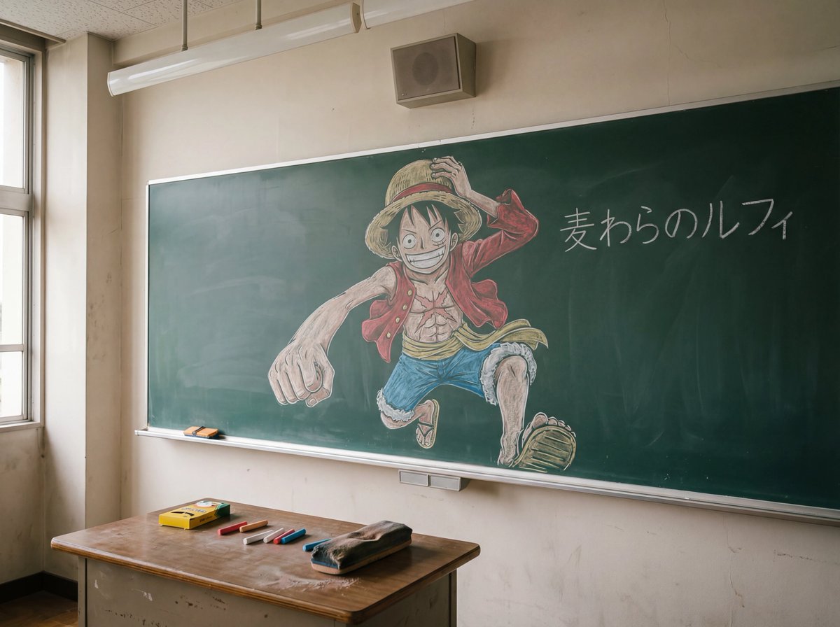 A documentary-style realistic photograph of a detailed chalk drawing of Monkey D. Luffy on a green classroom blackboard, including the teacher’s podium and chalk tools in the foreground. Soft, even classroom lighting highlights matte chalk texture, dust, and hand-blended shading.