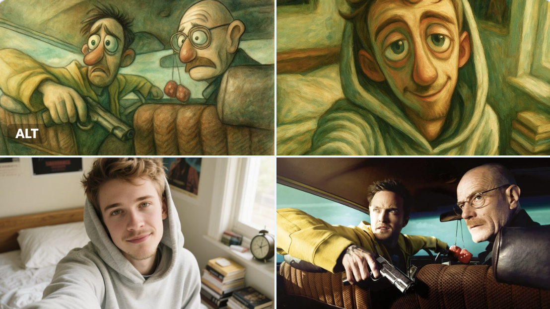 Transform your uploaded image into a serene yet slightly uncanny surreal illustration with muted tones, soft ethereal lighting, and expressive cartoon/Muppet‑style features.