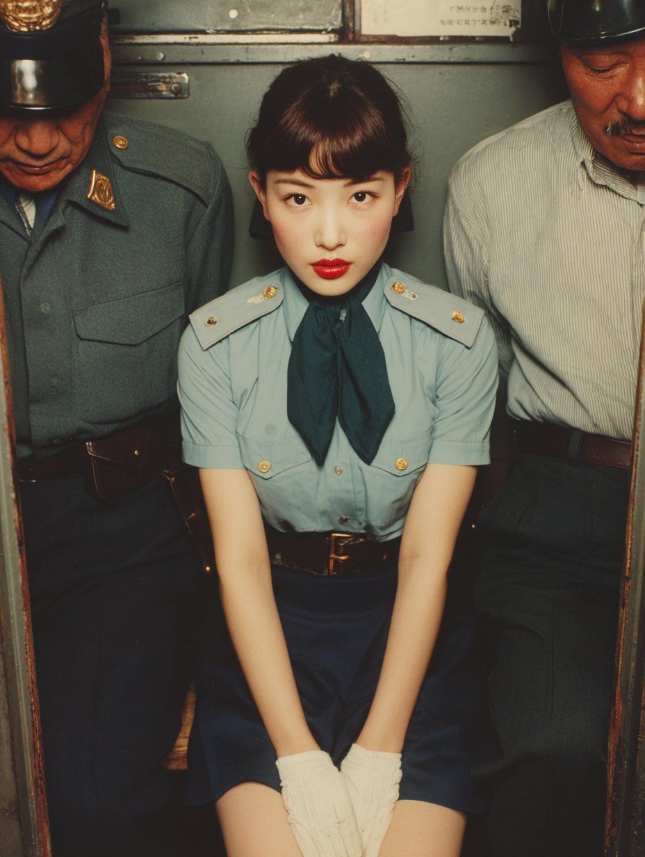 An intimate vertical 3:4 35mm-style portrait of a young Japanese woman in a light-blue police uniform seated calmly in a cramped vintage bar booth, flanked by two older policemen. Warm amber bulbs, low-saturation color, fine film grain, and a candid 1980s analog snapshot mood evoke Araki and Moriyama street-photography aesthetics.