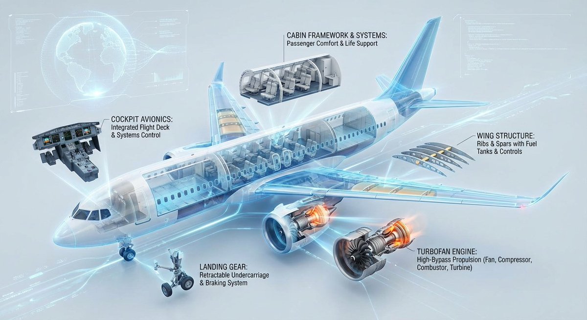 A high-tech 3D cutaway infographic illustrating the internal structure and operating principles of a modern commercial jet, presented like a clean, futuristic engineering blueprint with labeled components and callouts.