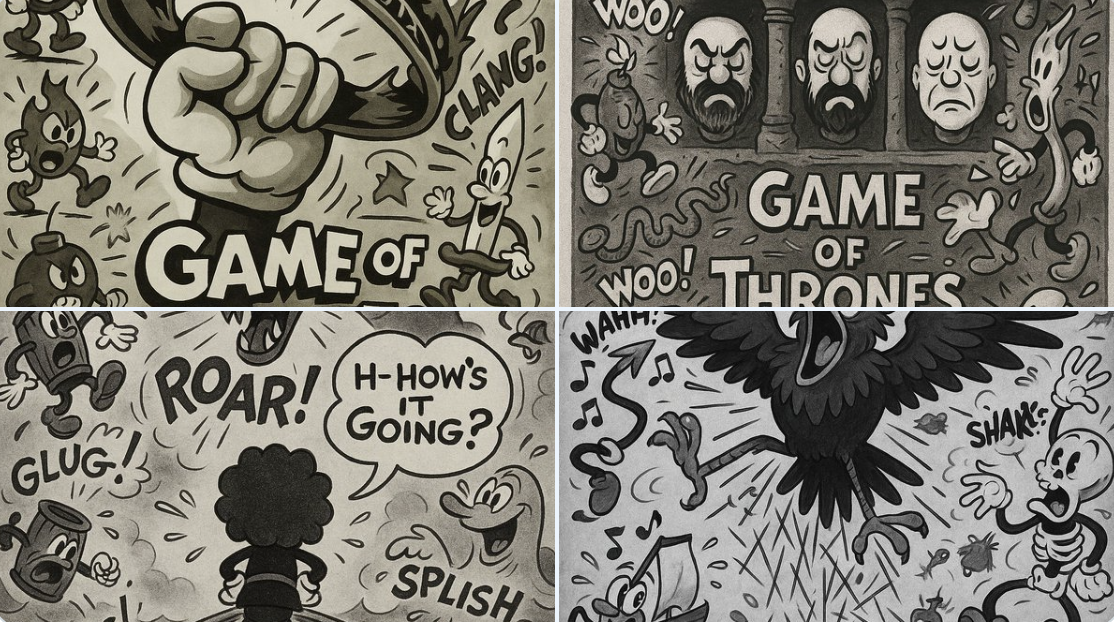 Turn your landscape image into a jazzy, lively 1930s Fleischer Studios–inspired storyboard with expressive inky shading, rubber-hose limbs, and slapstick energy. Add anthropomorphic objects, bouncy motion lines, and hand-lettered sound effects with quirky dialogue signs.