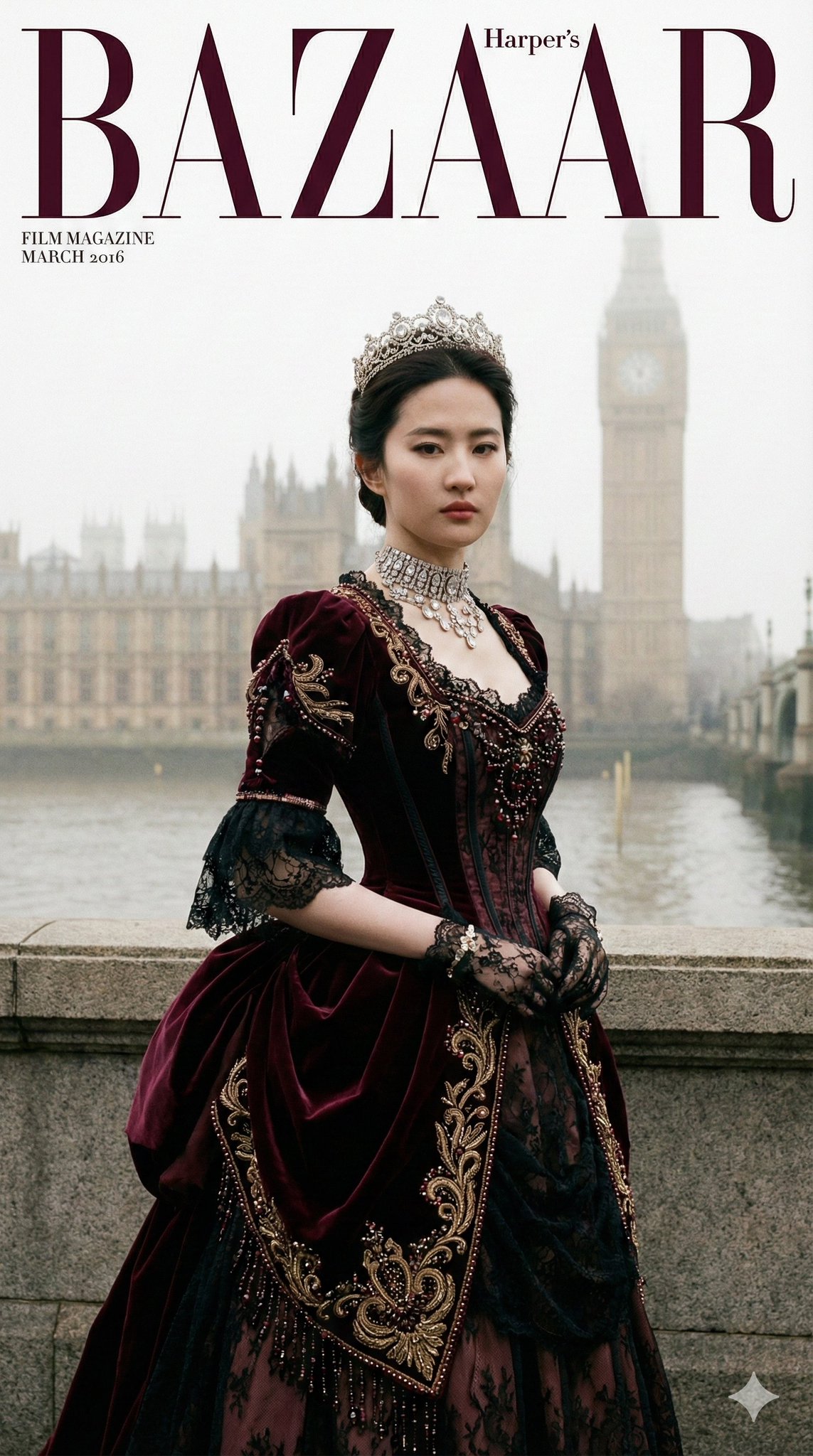 Create a photorealistic 9:16 vertical fashion magazine cover featuring an adult woman in heavy Victorian-era royal court dress, matched 100% to the uploaded face reference, photographed by Tower Bridge or the Palace of Westminster in moody London weather.