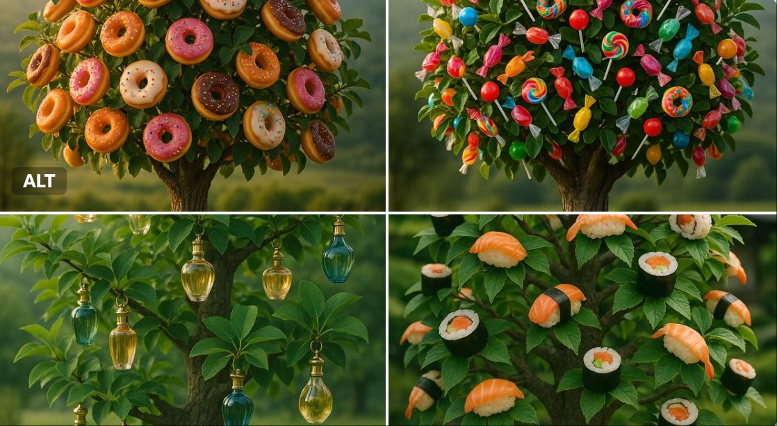 Create a hyper-realistic, eye-level meadow photograph of a detailed tree whose branches naturally bear {{PRODUCT}} instead of fruit, seamlessly integrated among lush green leaves. Render with natural light, soft shadows, subtle imperfections, shallow depth of field, and ultra-detailed 8K realism.