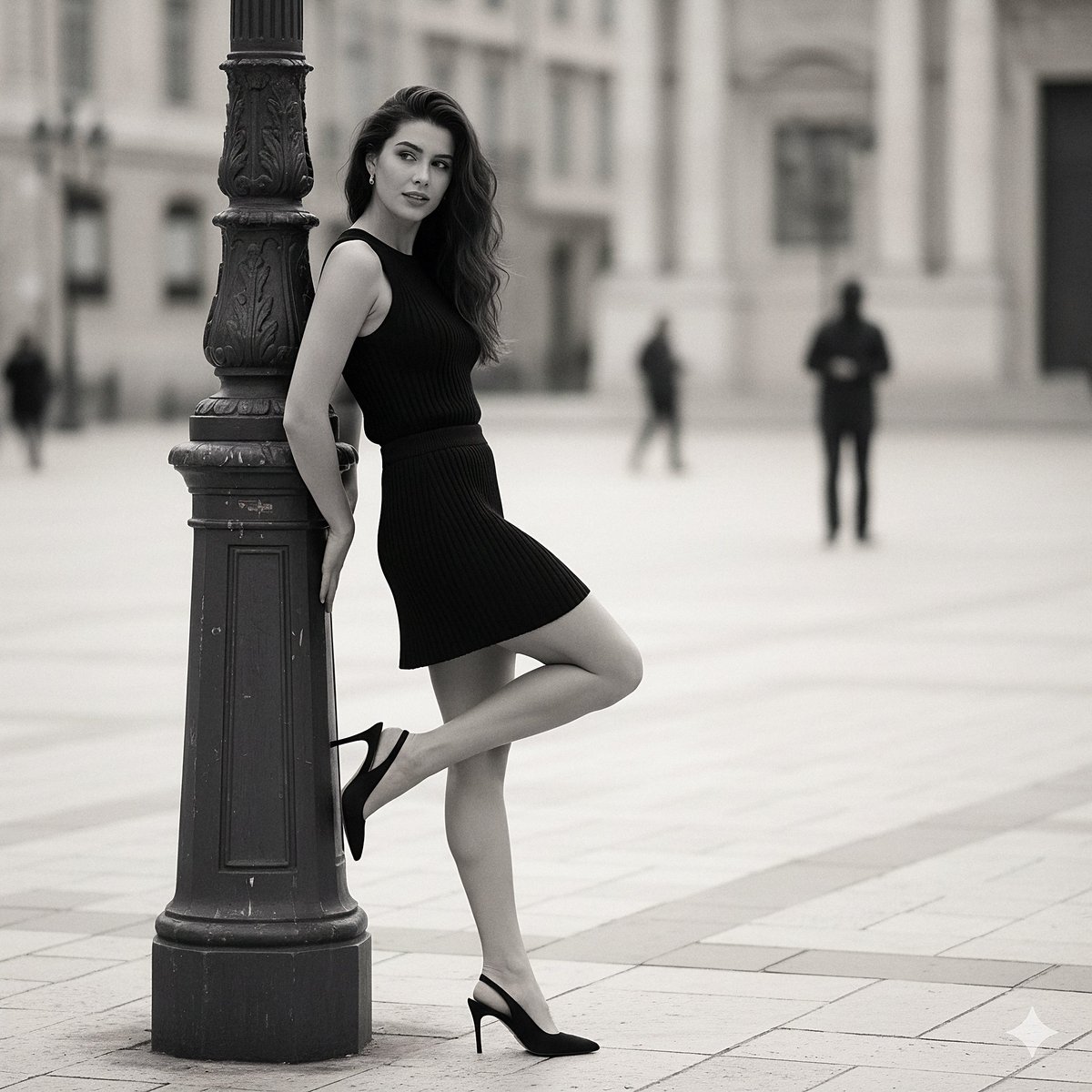 Create a hyperrealistic editorial street-style fashion photograph of a stylish young woman in a black ribbed knit set leaning against an ornate lamppost in a European city. Uses a medium full-body, eye-level side view with creamy bokeh and soft diffused daylight.