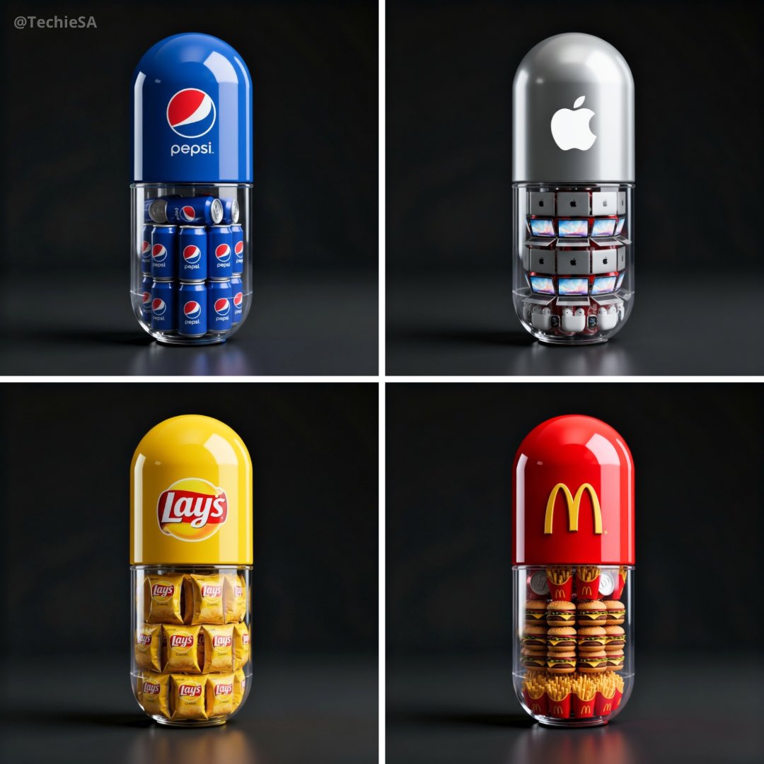 Create a premium, hyper-realistic 3D product render of a large capsule-shaped container featuring a glossy branded top and a transparent bottom filled with neatly packed miniature products. Designed for cinematic, high-end advertising visuals on a dark background with soft reflections.