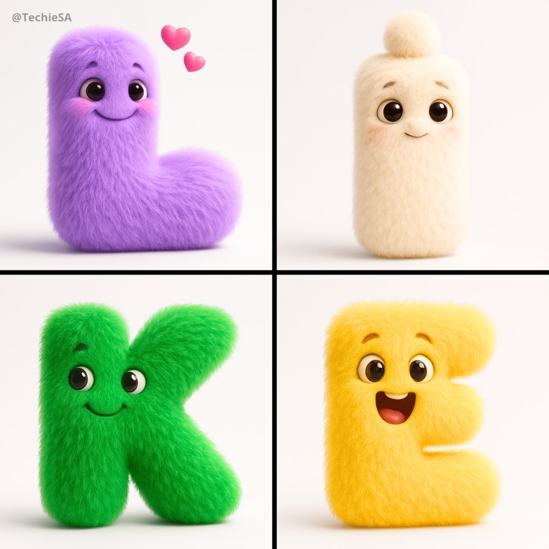 Create a lovable fuzzy alphabet character where the letterform becomes a living creature with googly eyes and a cheerful mouth, rendered in a clean 1080x1080 square on a stark white background. Finished with photorealistic plush fiber detail and cinematic studio lighting for a premium animation look.