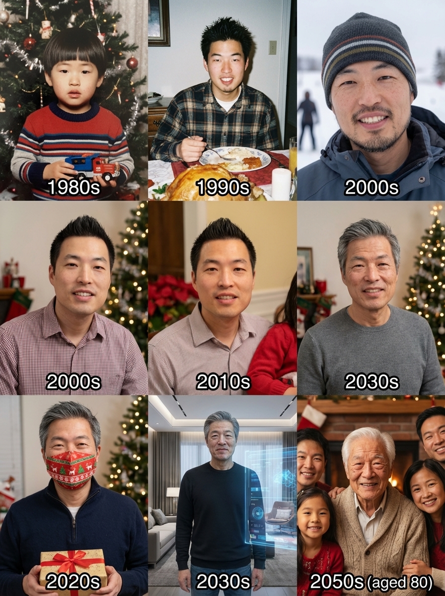 Create holiday-themed photos of the same person at every age stage from birth through 80 years old. Designed for realistic photography-style age progression while keeping the subject consistent.