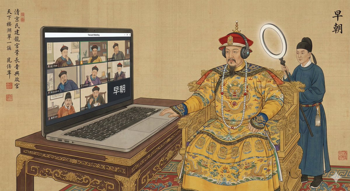 A Qing court painting–style scene where the emperor presides over an early morning court—via a laptop video conference—while ministers join from their homes.