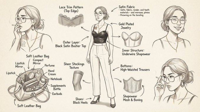 Create a high-quality 4K, hand-drawn fashion concept breakdown sheet featuring a confident female character, with detailed callouts for clothing layers, expressions, textures, and everyday accessories on a parchment-style sketchbook background.