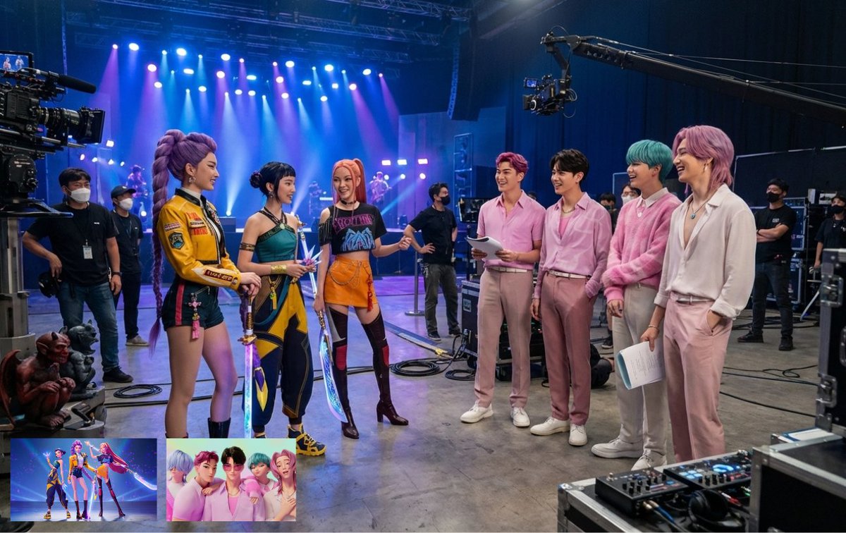 Create realistic leaked behind-the-scenes set photos from the KPOP Demon Hunters live-action movie production, in a photography style. Emphasize candid on-set moments and a believable “leaked photo” look.