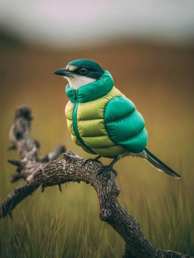 A realistic nature photo of a bird wearing an inflatable {{COLOR}} down jacket perched on the top of a dry tree branch, with a blurred green grassland background and natural lighting.