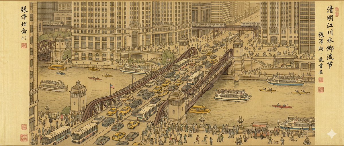 A sweeping, highly detailed traditional Chinese ink-and-color handscroll on aged silk depicting the bustling modern Chicago riverfront in the style of Zhang Zeduan’s "Along the River During the Qingming Festival." Packed with traffic, tour boats, skyscrapers, and hundreds of tiny contemporary figures, rendered in muted antique earth tones.